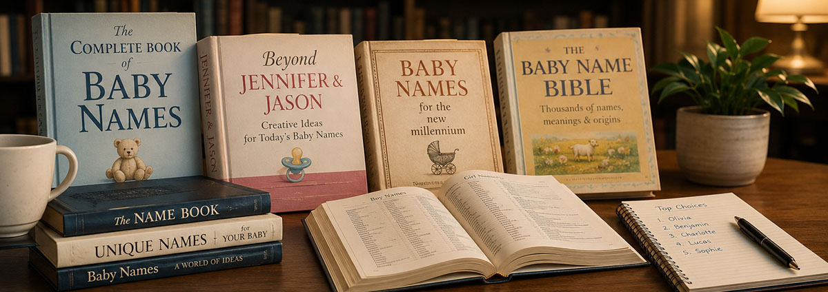 A stack of baby naming books including The Complete Book of Baby Names and The Baby Name Bible